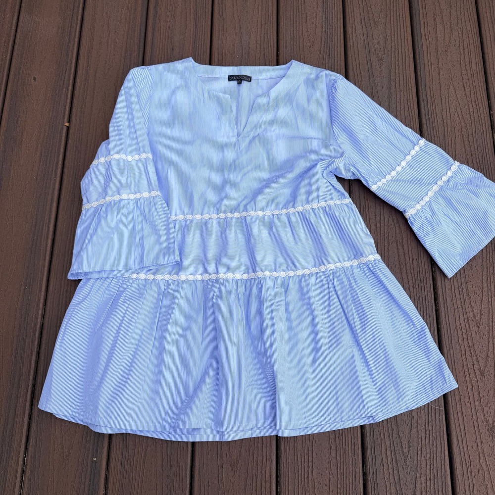 Bua Bua Blue White Pinstripe Tiered Babydoll Tunic Top Crochet Lace Trim Large